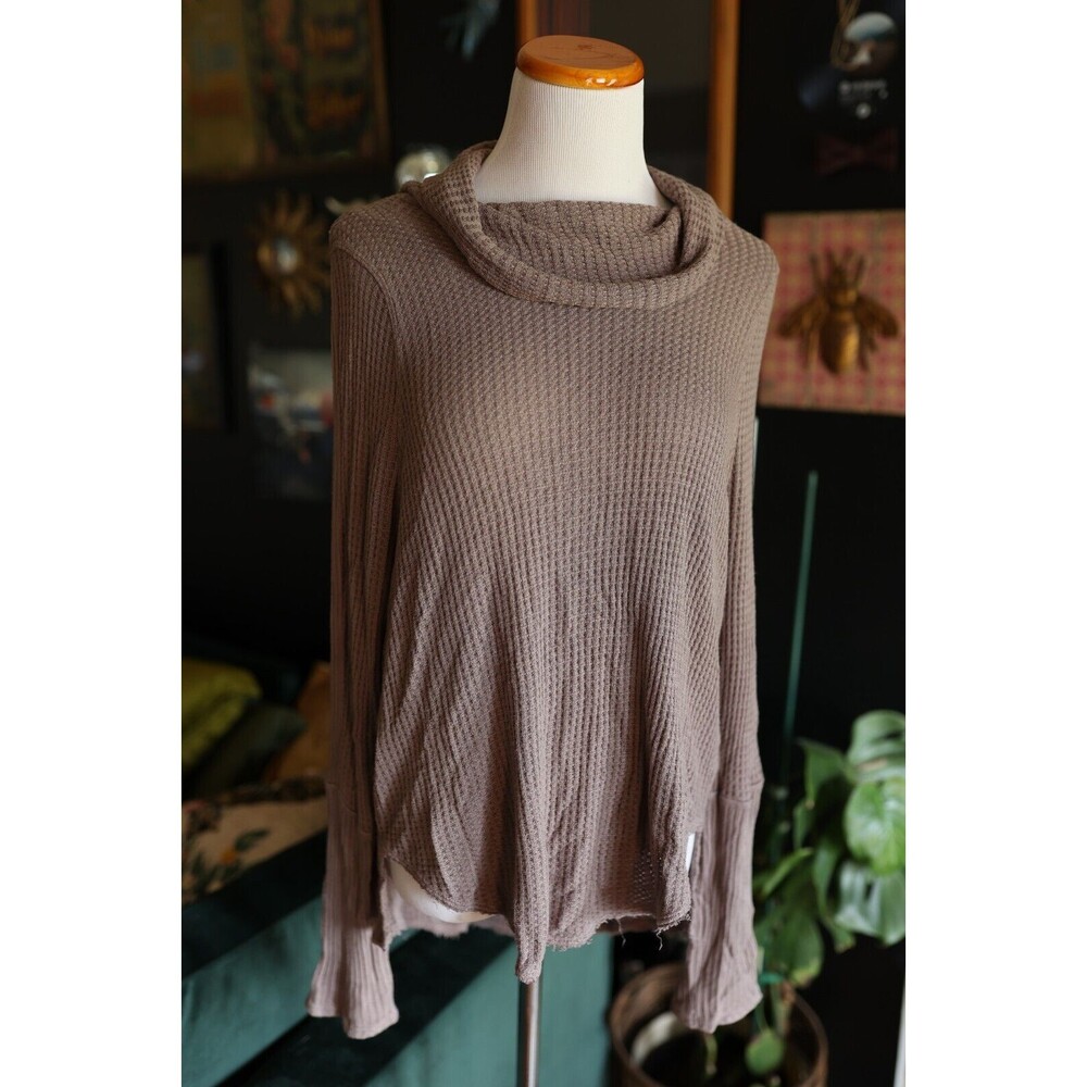 We the Free People Kristina Waffle Knit Drippy Thermal Top Taupe Size Small
